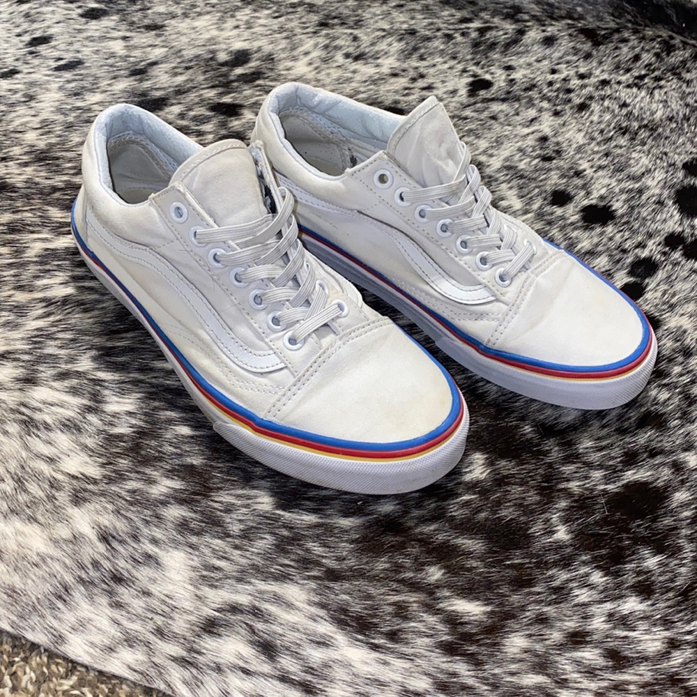 White Vans Red/Blue/Yellow Stripe RARE Old Skool